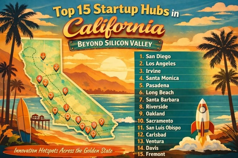 Map highlighting top startup hubs in California beyond Silicon Valley