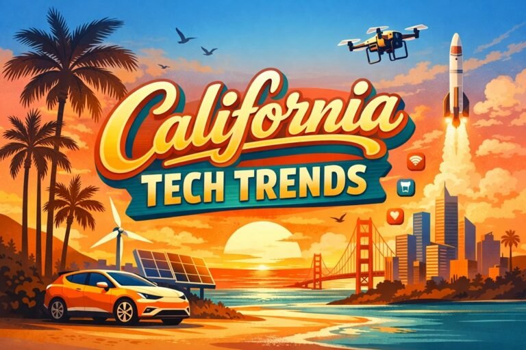 Illustration of California tech trends including AI, startups, and futuristic innovation landscape