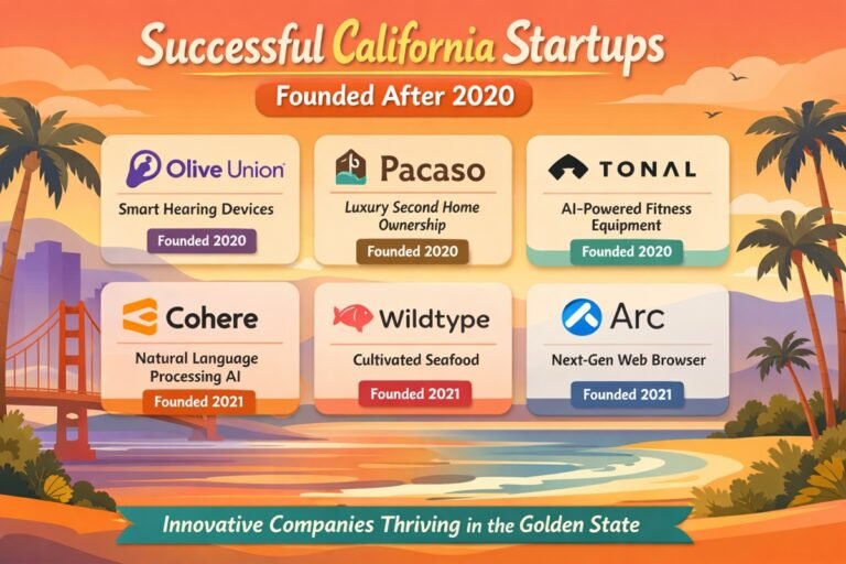 Founders of top California startups launched after 2020 collaborating in modern tech office