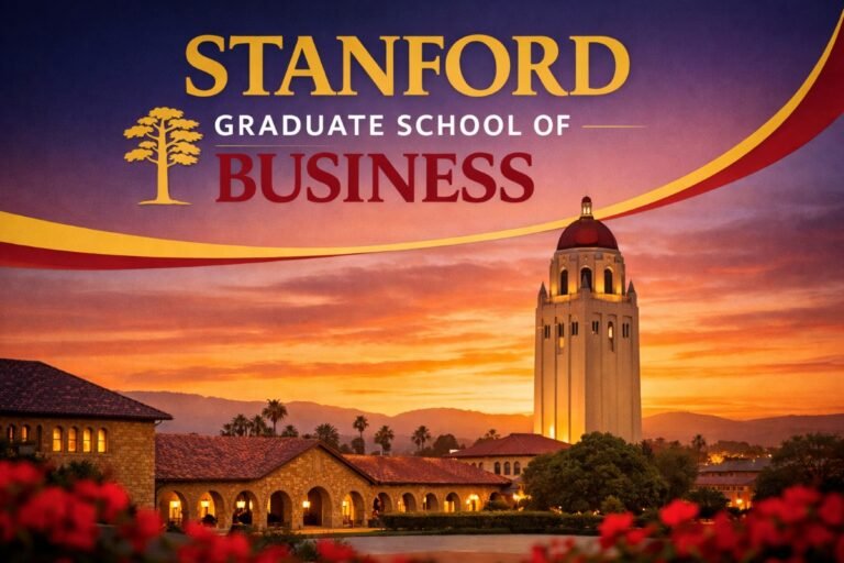 Stanford Graduate School of Business campus with MBA students in Silicon Valley