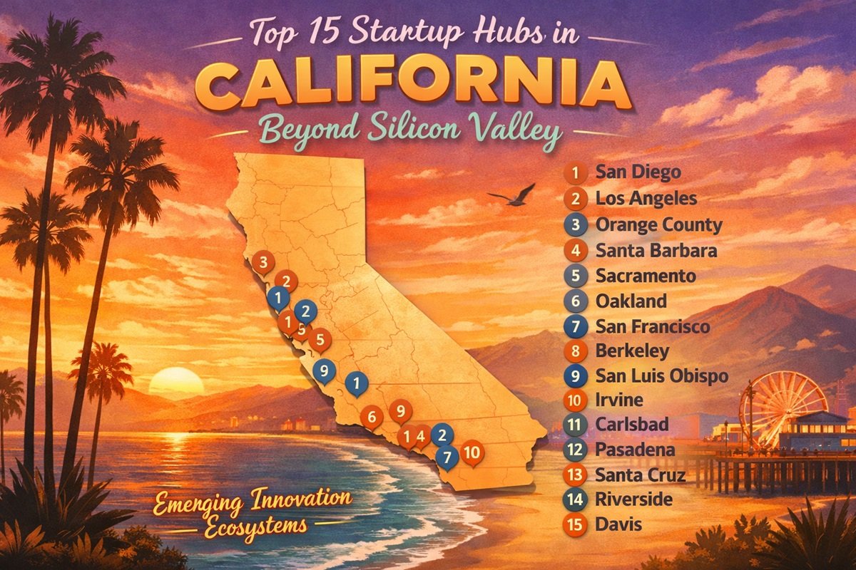 Startup founders collaborating in a California tech hub workspace