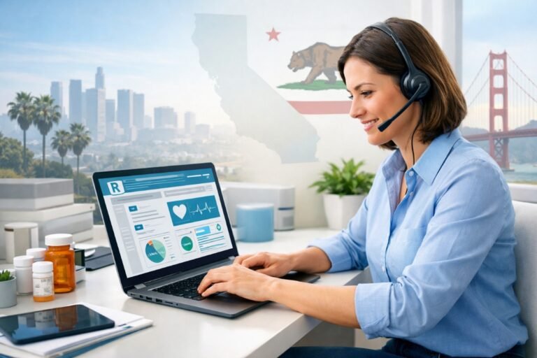 A pharmacy technician working remotely from home in California on a computer