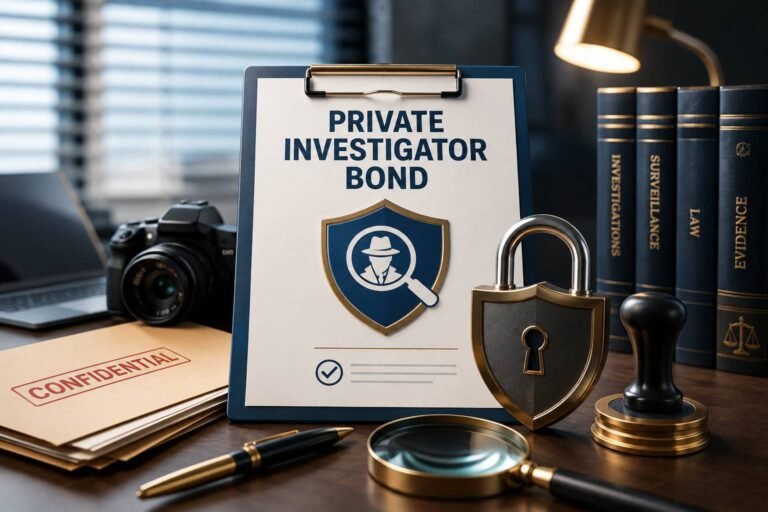 Private investigator bond document with surety seal and licensing paperwork
